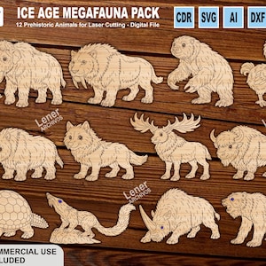 Puede incluir: Un conjunto de 12 recortes de madera de animales prehistóricos, como un mamut y un tigre dientes de sable. El texto "ICE AGE MEGAFAUNA PACK" y "12 Prehistoric Animals for Laser Cutting" son visibles. También están las palabras "COMMERCIAL USE INCLUDED".