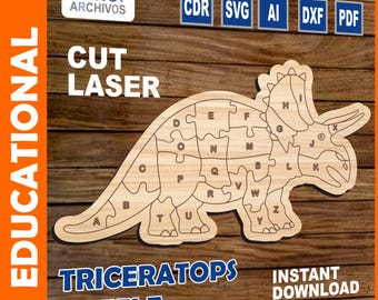 May include: A wooden puzzle of a Triceratops dinosaur with letters of the alphabet on each piece. The puzzle is labeled "Triceratops Puzzle" and "Educational".