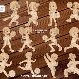 Kinder-Sportfiguren zum Bemalen - MDF-Malset für Kinder - Lasergeschnittene SVG-DXF-Dateien, Fußball, Karate, Baseball, Tennis, Glowforge, pdf