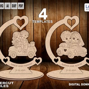 Coppia di sposi in auto - Disegni tagliati al laser in formato SVG-DXF, taglio laser Glowforge, regali personalizzati per gli sposi, decorazioni per matrimoni e San Valentino