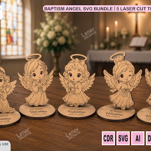 Puede incluir: Figuras de ángeles de madera cortadas con láser, con halos y alas. Cada ángel se apoya en una base redonda con la inscripción "My Baptism Valentina June 15, 2024". Ideales para bautizos, estos ángeles de madera son un recuerdo encantador.