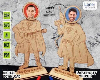 May include: Two wooden superhero figures with spaces for photos. One holds a guitar, the other a drill. Text on the bases reads "My Dad is a Star" and "My Dad is Powerful." The figures are laser cut and labeled "Digital Download" and "LASERCUT FILES."
