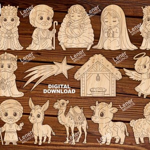 Peut inclure: Figures de crèche en bois découpées au laser, comprenant les Rois Mages, Marie, Joseph, l'enfant Jésus, un ange, une étoile, une étable et divers animaux. Les figurines sont non peintes et prêtes à être personnalisées. Le texte "DIGITAL DOWNLOAD" est visible.