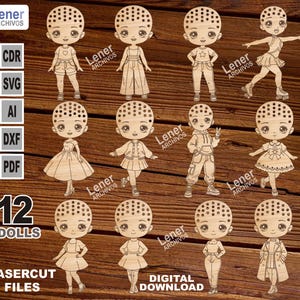 Può includere: Dodici bambole in legno tagliate al laser, ognuna con un outfit unico. Le bambole sono raffigurate in varie pose e abiti, come vestiti e giacche. Il testo "12 DOLLS" e "LASERCUT FILES" è visibile.