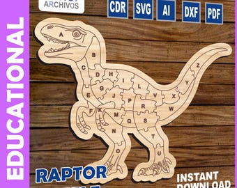 May include: A wooden puzzle of a velociraptor with the letters of the alphabet on each piece. The puzzle is labeled "RAPTOR PUZZLE" and "INSTANT DOWNLOAD".