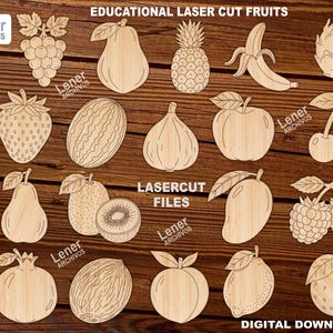 Puede incluir: Formas de frutas cortadas con láser de madera, incluyendo uvas, peras, piña y plátano. También hay una fresa, sandía, higo, manzana y cerezas. El texto "EDUCATIONAL LASER CUT FRUITS" está en la parte superior.