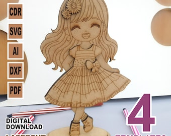 May include: A laser cut wooden cutout of a girl with long brown hair wearing a dress with a floral pattern. The girl is smiling and has a flower in her hair. The cutout is on a wooden base. The image includes the text "4 TEMPLATES" and "DIGITAL DOWNLOAD LASER CUT FILES".