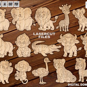 Animais africanos SVG PDF para crianças - Figuras africanas em MDF cortadas a laser - Safari africano cortado com Glowforge - Artesanato infantil em madeira