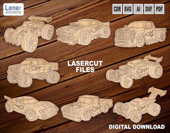 MDF Toy Cars to Paint – Digital File in SVG and PDF Formats for Laser Cutting | Design for Kids, Glowforge, Speed Cars