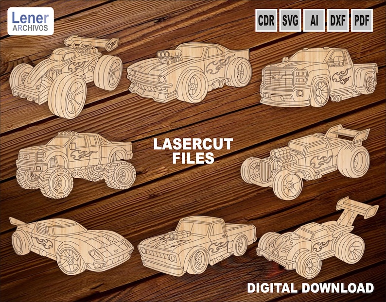 Op de afbeelding: Een set van acht lasergesneden autoontwerpen, waaronder een hotrod, een pick-up truck, een muscle car en een raceauto. De ontwerpen zijn allemaal in zwart-wit en hebben vlammen aan de zijkanten. De tekst "LASERCUT FILES" en "DIGITAL DOWNLOAD" is ook in de afbeelding opgenomen.
