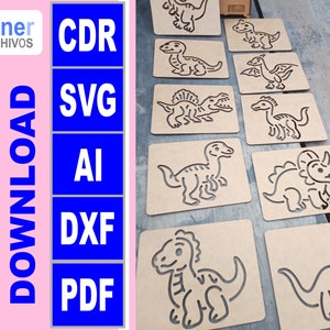 Szablon dinozaura dla dzieci Montessori - pliki gotowe do obróbki laserowej - SVG-DXF Koordynacja dłoni - cięcie laserowe - umiejętności motoryki małej