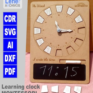 May include: Wooden Montessori learning clock with a clock face and a chalkboard. The clock face has white numbers and a minute and hour hand. The chalkboard displays the time as 11:15. Includes removable number pieces.