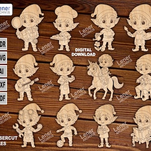 Puede incluir: Una colección de figuras de elfos de madera cortadas con láser en varias poses, incluyendo un chef, un artista y un músico. Las figuras son de color marrón claro con detalles grabados, perfectas para manualidades o decoración navideña. La imagen también incluye el texto "DESCARGA DIGITAL" y "ARCHIVOS DE CORTE LÁSER".