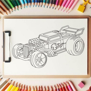 Op de afbeelding: Een zwart-witte lijntekening van een hotrod met vlammen aan de zijkant. De auto heeft een grote motor en een spoiler aan de achterkant.