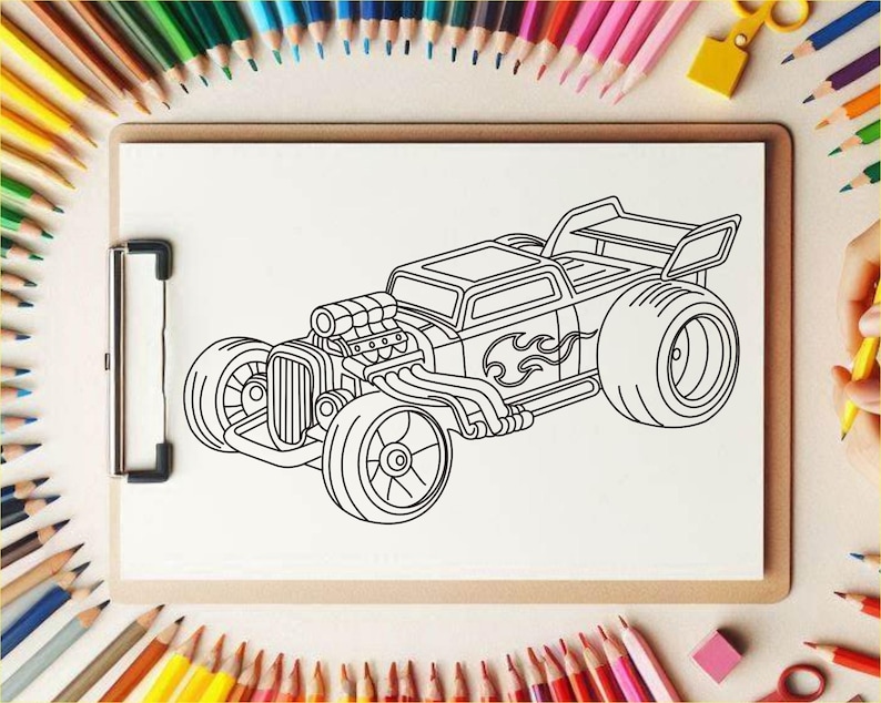 Op de afbeelding: Een zwart-witte lijntekening van een hotrod met vlammen aan de zijkant. De auto heeft een grote motor en een spoiler aan de achterkant.