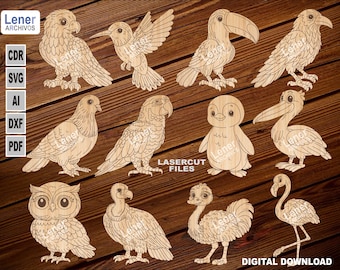 May include: A collection of laser-cut wooden bird designs, including an owl, toucan, flamingo, and penguin. The designs are in various poses and styles, perfect for crafting projects. The image also includes the text "DIGITAL DOWNLOAD".