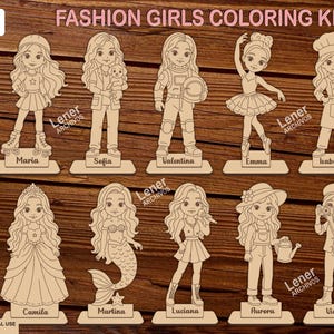 Puede incluir: Un conjunto de archivos digitales titulado FASHION GIRLS COLORING KIT que presenta 10 ilustraciones de líneas de niñas con diversos atuendos, incluyendo una bailarina, chef, astronauta y sirena, cada una sobre una base con un nombre.