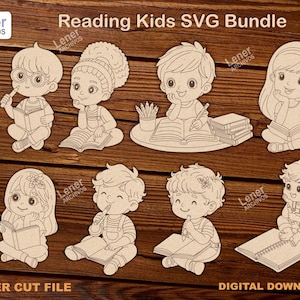 Puede incluir: Un conjunto de figuras de madera cortadas con láser que representan a niños leyendo y escribiendo. Las figuras están en varias poses, algunas sosteniendo libros, otras con lápices y cuadernos. El texto "Reading Kids SVG Bundle" está en la parte superior, con "LASER CUT FILE" y "DIGITAL DOWNLOAD" en la parte inferior.