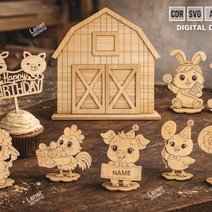 Farm animals for birthdays - Laser Cut Files for Kids Party Decorations, Barn Topper, Cow, Pig, Bunny, Chick - DXF-SVG, glowforge. lightburn