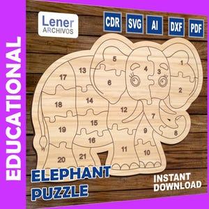 Elefante de madera juguete educativo rompecabezas corte láser Dxf Glowforge Svg corte enrutador digital vector Ai Pdf descarga instantánea