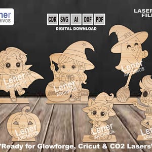 May include: Wooden laser-cut Halloween decorations featuring a vampire, witch, ghost, skeleton, pumpkin, and cat. The designs are displayed on a wooden surface with the text "Ready for Glowforge, Cricut & CO2 Lasers".