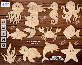 Mermaids and Ocean Friends Laser Cut Files, SVG DXF Digital Download, Sea Creature Designs, Kids Crafts, Laser Cutter Projects