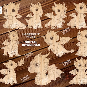 Puede incluir: Una colección de diseños de dragones de madera cortados con láser en varias poses. Los dragones tienen alas, cuernos y escamas detalladas. La imagen incluye el texto "LASERCUT FILES DIGITAL DOWNLOAD" e iconos de tipo de archivo.