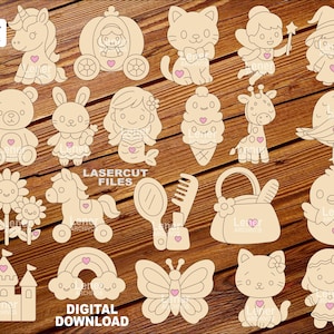 Süße Mädchen Figuren SVG DXF – Einhorn, Meerjungfrau, Schloss, Bär, Eis & mehr, Laser Cut Dateien MDF für Kinder Basteln, Glowforge, Lightburn