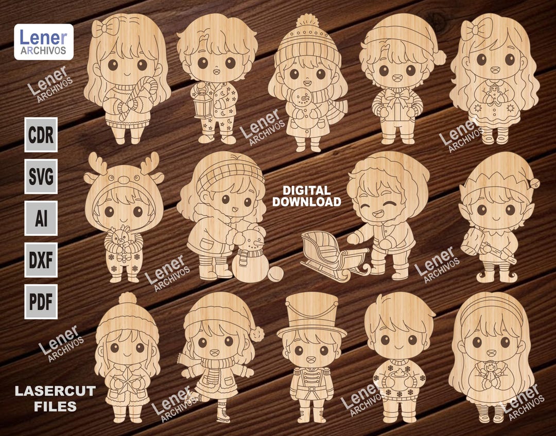 Christmas Kids Chibi Set SVG DXF, Cute Laser Cut Files for MDF ...