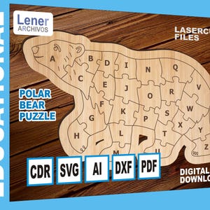 Könnte beinhalten: Ein Holzpuzzle eines Eisbären mit den Buchstaben des Alphabets auf jedem Stück. Das Puzzle befindet sich auf einem Holzgrund mit den Worten "Polar Bear Puzzle" und "Lasercut Files" darauf gedruckt. Die Worte "CDR SVG AI DXF PDF" und "Digitaler Download" sind ebenfalls auf dem Hintergrund gedruckt.