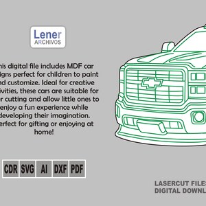 Op de afbeelding: Lijntekening van de voorkant van een Chevrolet pick-up truck. De tekening is in groen en wit. De tekst "LASERCUT FILES DIGITAL DOWNLOAD" staat onderaan de afbeelding.