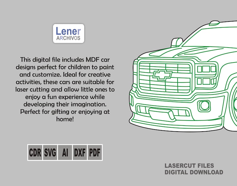 Op de afbeelding: Lijntekening van de voorkant van een Chevrolet pick-up truck. De tekening is in groen en wit. De tekst "LASERCUT FILES DIGITAL DOWNLOAD" staat onderaan de afbeelding.