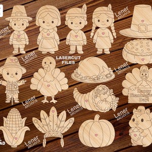 Puede incluir: Una colección de formas de madera cortadas con láser con temática de Acción de Gracias. Incluye figuras de peregrinos, nativos americanos, un pavo, una cornucopia, una calabaza, una ardilla y un sombrero de peregrino. El texto "Happy Thanksgiving Day!" es visible.