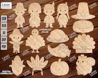 Könnte beinhalten: Eine Sammlung von lasergeschnittenen Holzformen zum Thema Thanksgiving. Enthält Figuren von Pilgern, amerikanischen Ureinwohnern, einem Truthahn, einem Füllhorn, einem Kürbis, einem Eichhörnchen und einem Pilgerhut. Der Text "Happy Thanksgiving Day!" ist sichtbar.