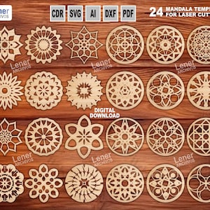 May include: A collection of 24 wooden mandala templates for laser cutting, arranged on a wooden surface. The designs include various geometric and floral patterns. The image also includes the text "MANDALA TEMPLATES FOR LASER CUTTING".