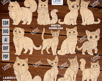 May include: A collection of laser-cut wooden cat shapes in various poses and breeds. The cats are depicted in a light brown color, with detailed outlines. The image includes the text "LASERCUT FILES" and "DIGITAL DOWNLOAD".