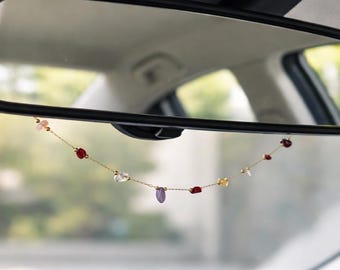 Chakra Inspired Gemstone Car Mirror Charm, Minimalist Crystal Rearview Hanging Decor, Spiritual Balance Travel Protection Gift