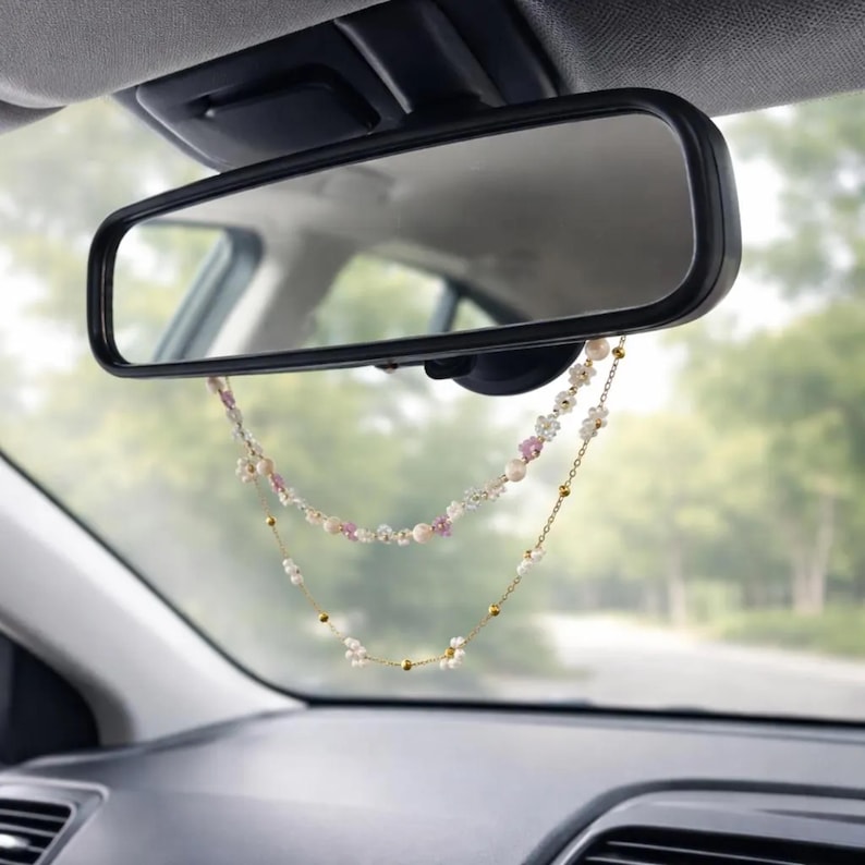Daisy Pearl Car Mirror Charm, Floral Beaded Hanging Decor, Cute ...