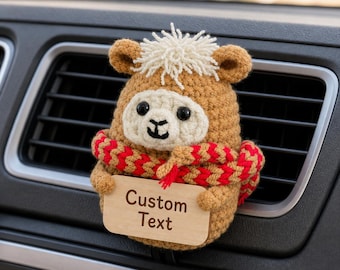 Personalized Crochet Alpaca Car Decor, Llama Dashboard Stand or Air Vent Clip, Custom Engraved Driver Gift