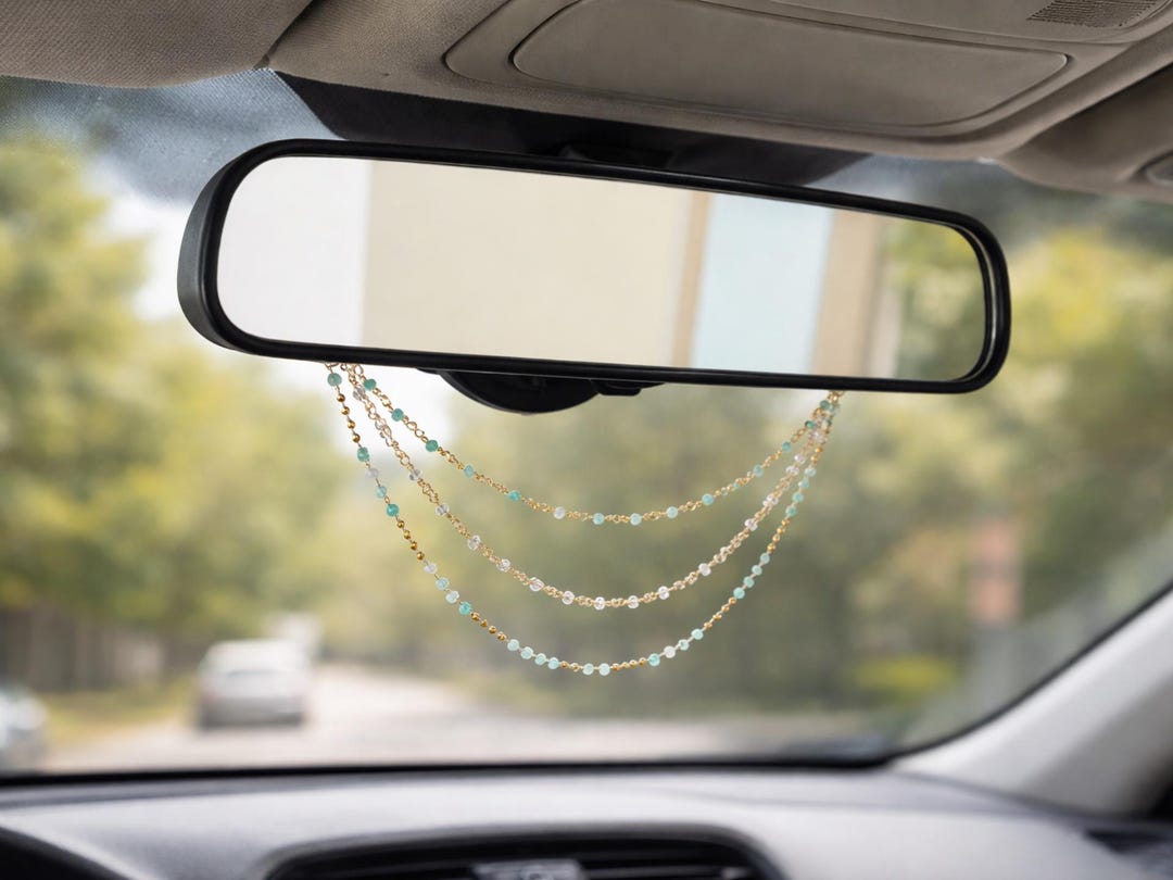 Spiritual Beaded Car Mirror Chain, Protective Gold Layered Charm, Road ...