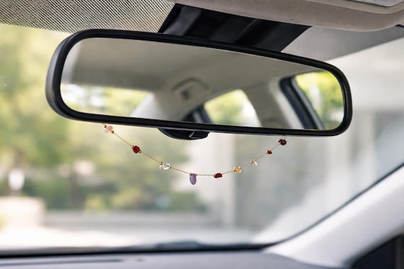 Chakra Inspired Gemstone Car Mirror Charm, Minimalist Crystal Rearview Hanging Decor, Spiritual Balance Travel Protection Gift