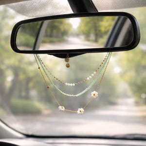 Spiritual Car Mirror Charm, Protective Beaded Hanging Decor, Floral Gold Chain Rearview Accessory, Ocean Aesthetic Gift for Her
