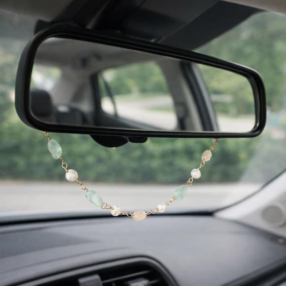Dainty Pearl & Jade Car Mirror Charm – Spiritual Protection Crystal Rearview Accessory – Aesthetic Boho Car Decor Gift for Her