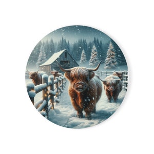 Highland Cow Coaster, Holiday Highland Cow, Christmas Coasters, Cork Back Coaster, Winter Highland Cow, Highland Cow Gifts