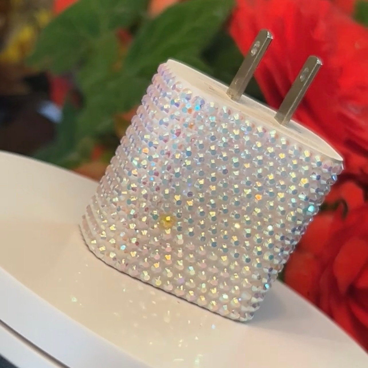 Blinged iPhone lightning charger block. White AB resin rhinestones. C port fits iPhone 13,14,15 & 16
