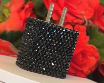 Blinged iPhone lightning charger block. Black Glass rhinestones. C port fits iPhone 13,14,15 & 16