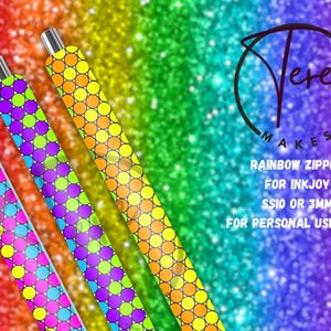 May include: Three colorful rainbow zipper designs with dot patterns. The designs include pink, purple, and orange, each with a silver tip. The image also includes the text "RAINBOW ZIPPER FOR INKJOY SS10 OR 3MM FOR PERSONAL USE ONLY."