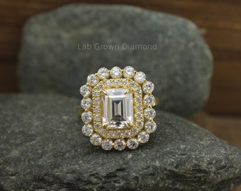 Lab Grown Emerald Statement Ring, Double halo Engagement Ring, IGI certifed 1ct - 5ct Diamond, Prong set Diamond Ring, her Anniversary Ring