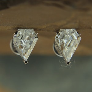 Shield Cut Moissanite Earrings, Unique 14k White Gold Screw Back Studs, Handmade Earrings, women Wedding Anniversary Gifts, Ready to ship