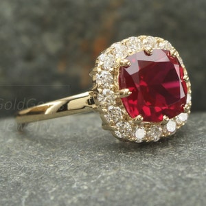 Cushion Cut Lab Ruby Diamond Halo Ring, Handmade 10K/14K/18K Gold Ring, Wedding Anniversary Band for Women, July Birthday Gift